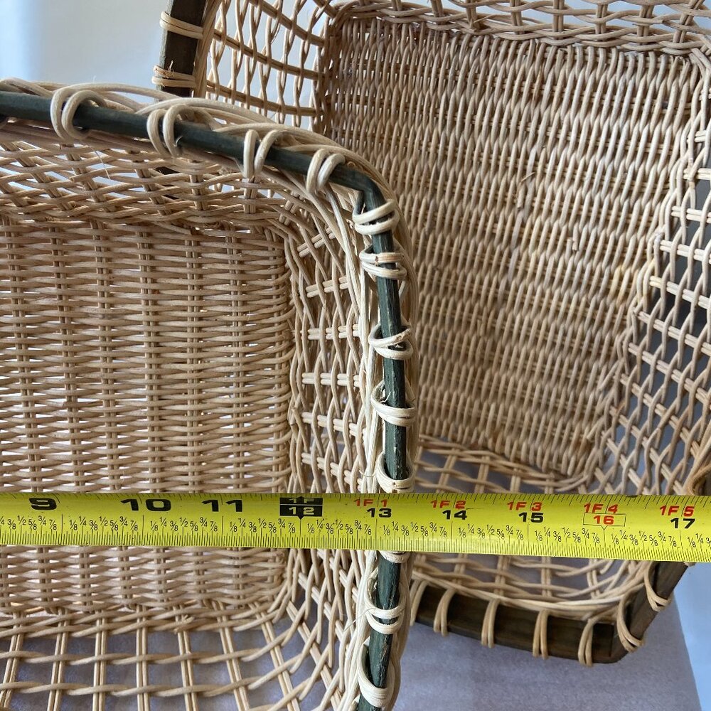 2 Vintage Wicker Rectangular Baskets Dark Green Trim 6” X 11 1/2” X 13 1/2”